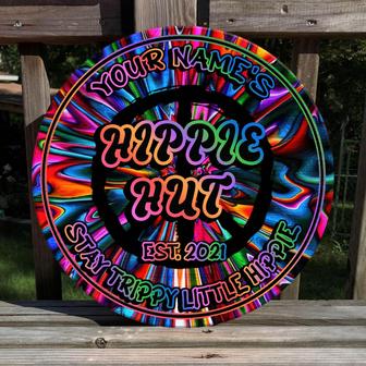 Hippie Hangout Stay Trippy Little Hippie Peace Custom Round Wood Sign - Thegiftio UK
