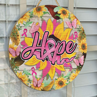 Hope Breast Cancer Awareness Sunflower Pink Ribbon Round Wood Sign - Thegiftio UK