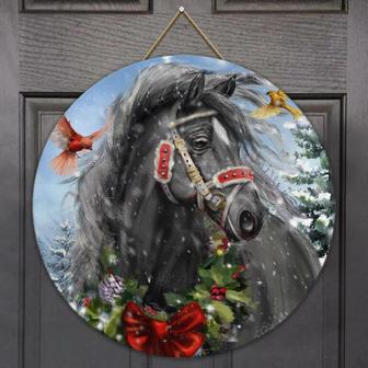 Horse Merry Christmas Round Wood Sign - Thegiftio UK