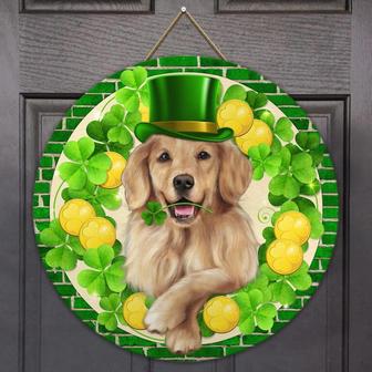 Irish Door Hanger Irish Shamrock Golden Retriever St. Patrick’s Day Round Wood Sign - Thegiftio UK