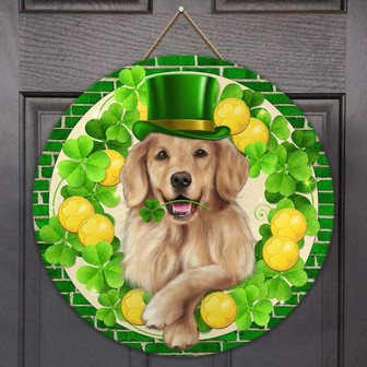 Irish Door Hanger Irish Shamrock Golden Retriever St. Patrick’s Day Round Wood Sign - Thegiftio UK