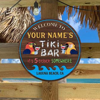 It’s 5 O’clock Somewhere Parrot Tiki Bar, Tiki Hut, Tiki Lounge Custom Round Wood Sign - Thegiftio UK