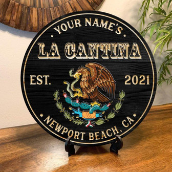 La Cantina Flag Of Mexico Custom Round Wood Sign - Thegiftio
