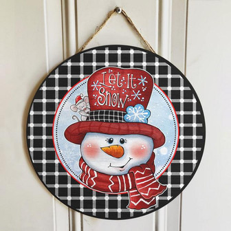 Let It Snow Snowman Plaid Round Wood Sign - Thegiftio