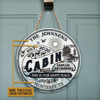 Log Cabin This Is Our Happy Place Custom Round Wood Sign - Thegiftio UK