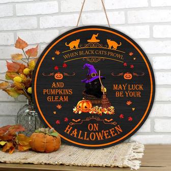 May Black Cat Prowl Halloween Door Hanger Round Wood Sign - Thegiftio