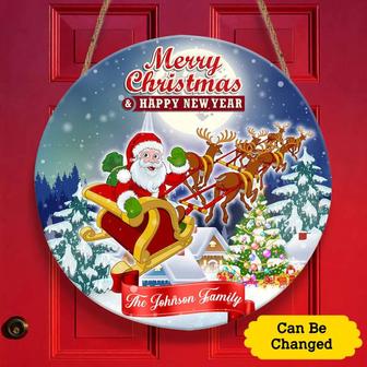 Merry Christmas Santa's Reindeer Sleigh Ride Custom Round Wood Sign - Thegiftio UK