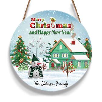 Merry Christmas Snowman And House Custom Round Wood Sign - Thegiftio UK