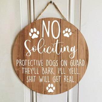 No Soliciting Protective Dogs On Guard Round Wood Sign - Thegiftio UK