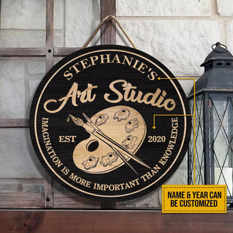 Painting Art Studio Imagination Is Important Custom Round Wood Sign - Thegiftio UK