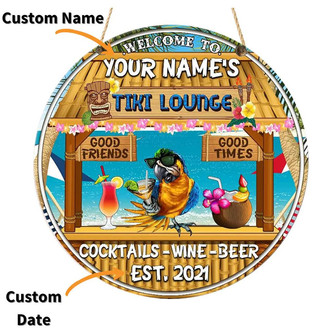 Parrot Drinks Tiki Lounge Sign Custom Round Wood Sign - Thegiftio UK