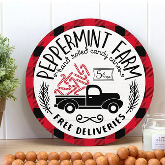 Peppermint Farm Candy Canes Door Sign Custom Round Wood Sign - Thegiftio