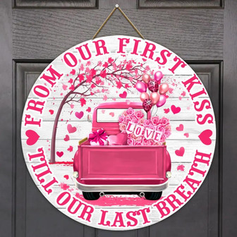 Pink Truck For Love Couple Valentine Round Wood Sign - Thegiftio UK