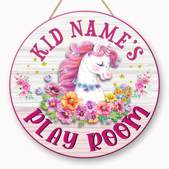 Playroom Unicorn Cute Custom Round Wood Sign - Thegiftio UK