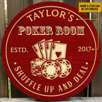 Poker Room Shuffle Up And Deal Custom Round Wood Sign - Thegiftio UK