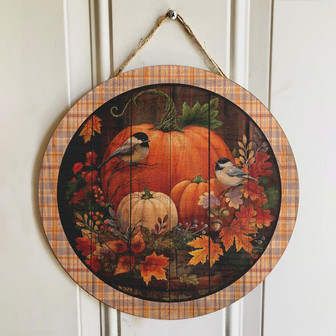 Pumpkin Patch And Bird Round Wood Sign - Thegiftio UK