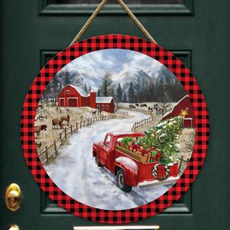 Red Truck Christmas Tree Round Wood Sign - Thegiftio UK
