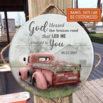Red Truck God Blessed Custom Round Wood Sign Home Decoration - Thegiftio UK