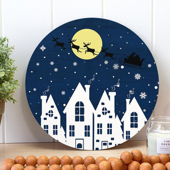 Santa & Reindeers Wreath Round Wood Sign - Thegiftio UK