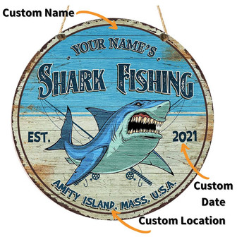 Shark Fishing Custom Round Wood Sign - Thegiftio