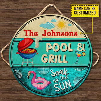 Swimming Pool & Grill Soak Up Custom Round Wood Sign - Thegiftio UK