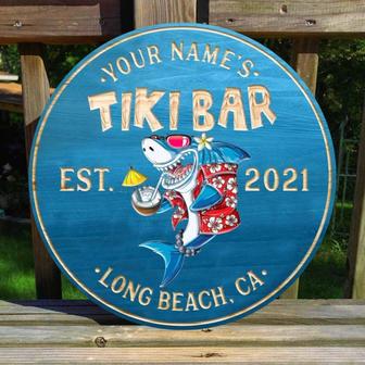 Tiki Bar Shark Coconut Juice Custom Round Wood Sign - Thegiftio UK