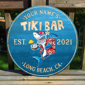 Tiki Bar Shark Coconut Juice Custom Round Wood Sign - Thegiftio