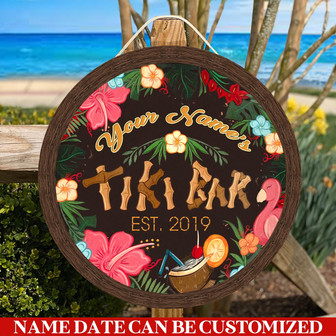 Tiki Bar Tropical Custom Round Wood Sign - Thegiftio
