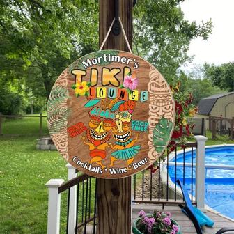 Tiki Lounge Beach Sign for Bars, Backyard, Pools, Patio, Restaurants Custom Round Wood Sign - Thegiftio UK