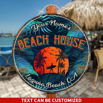 Tropical Leaf Beach House Custom Round Wood Sign - Thegiftio UK