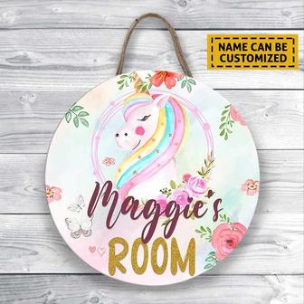 Unicorn Door Sign, Floral Magical Unicorn Door Hanger Sign, Girls Bedroom Sign Custom Round Wood Sign - Thegiftio UK