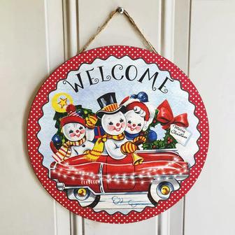 Welcome Christmas House Decor Round Wood Sign - Thegiftio