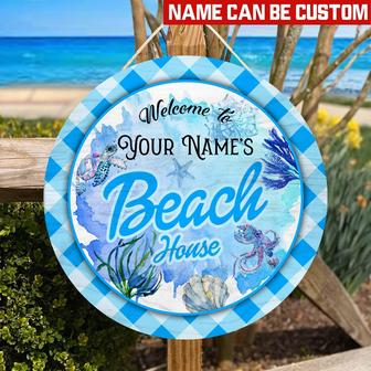 Welcome To Our Beach House Ocean Custom Round Wood Sign - Thegiftio