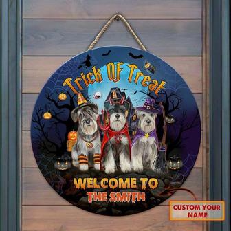 Welcome Trick Or Treat Yorkshire Terriers Dog Custom Round Wood Sign - Thegiftio