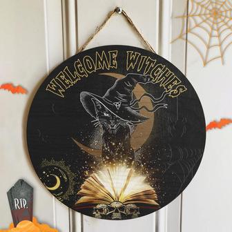 Welcome Witches Black Spooky Halloween Round Wood Sign - Thegiftio