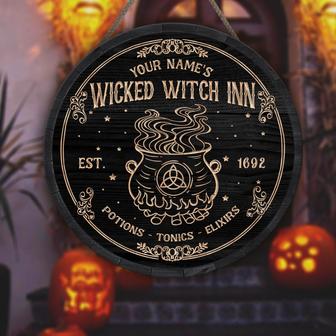 Wicked Witch Inn Potions Tonics Elixirs Custom Round Wood Sign - Thegiftio