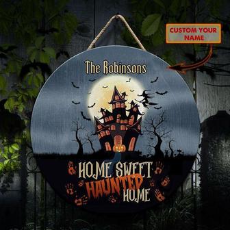 Witch Pumpkin Haunted Home Custom Round Wood Sign - Thegiftio