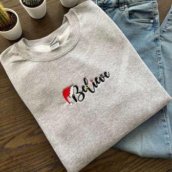Believe Embroidered Sweatshirt, Merry Christmas Shirt, Best Gift For Christmas | Mazezy
