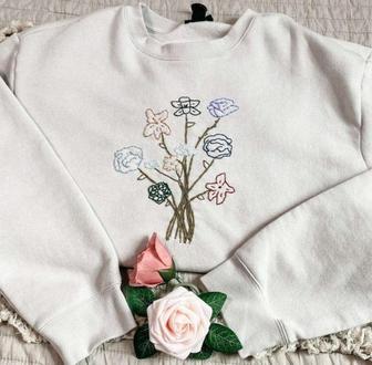 Birth Flower Embroidered Sweatshirt Crewneck Sweatshirt Gift For Family | Mazezy