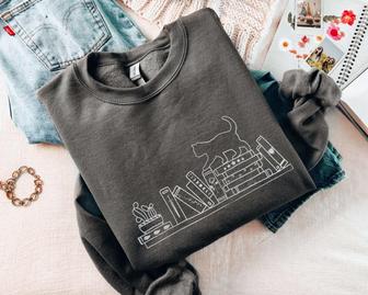 Book Sweatshirt Embroidered Sweater, Cat On Bookshelf Sweatshirt For Cat Lovers | Mazezy