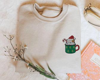 Cat Christmas Sweatshirt Embroidered Coffee Christmas Sweater, For Cat Owners | Mazezy