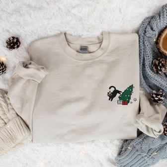Christmas Cat Embroidered Sweatshirt, Meowy Christmas Crewneck For Christmas | Mazezy