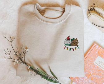 Christmas Cat Sweatshirt Embroidered, 2 Peeping Cats In Xmas Joy Pullover, For Cat Lovers | Mazezy