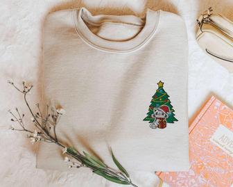 Christmas Cat Sweatshirt Embroidered, Cute Kitten Waiting For Xmas, For Cat Lovers | Mazezy