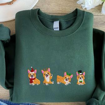 Christmas Corgi Embroidered Sweatshirt, Cute Dogs Embroidered Sweatshirt, Christmas Gift | Mazezy