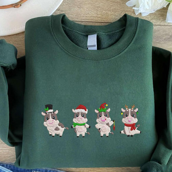 Christmas Cows Embroidered Sweatshirt, Cute Cows Embroidered Sweatshirt, For Christmas | Mazezy