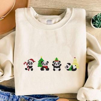Christmas Panda Embroidered Sweatshirt, Cute Panda Embroidered Sweatshirt For Family | Mazezy