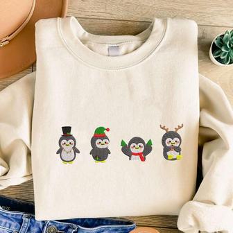 Christmas Penguin Embroidered Sweatshirt, Embroidered Sweatshirt For Family | Mazezy