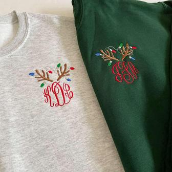 Christmas Sweatshirt, Monogrammed Reindeer Holiday Pullover Fleece Crewneck For Women | Mazezy