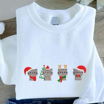 Cute Cats Christmas Embroidered Sweatshirt, Cat Love Embroidered Sweatshirt For Family | Mazezy
